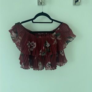 KEEPSAKE the Label Burgundy Floral Off-Shoulder Pleated Crop Top